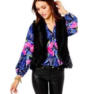 Women's Lilly Pulitzer Torini Sweater Vest Faux Fur Open Front Knit Black XS